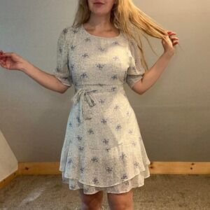 VTG Inspired Gilli Chiffon Ditzy Floral Mini Dress Blue White Coquette Size L